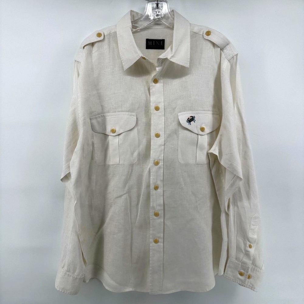Mine Linen Shirt Mens Sz Large Cream South Carolina Logo Coastal Prep Summer